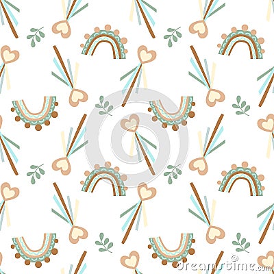 Seamless vector background. Cute pictures of rainbows,hearts,magic wand, candies and branches. Vector Illustration