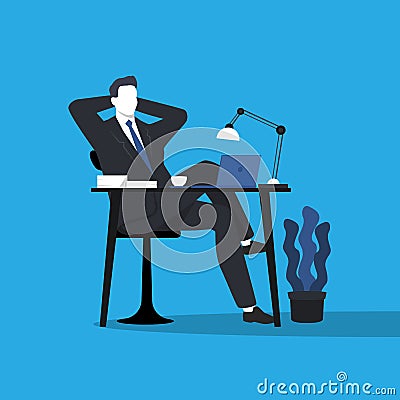 Relaxing businessman with his desk. Simple trendy color flat style on blue background Vector Illustration