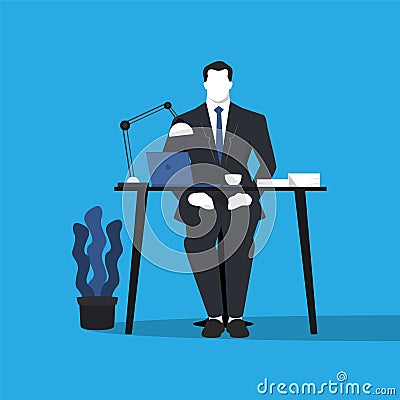 Sitting businessman with his desk. Simple trendy color flat style on blue background Vector Illustration