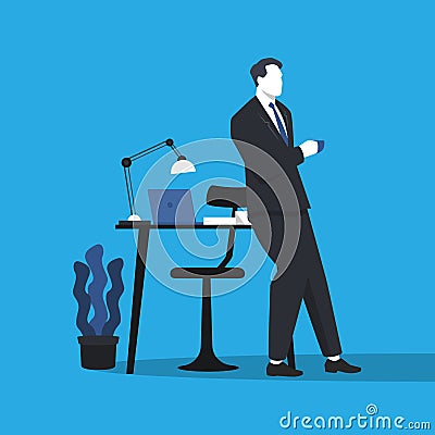 Relaxing businessman with coffee cup in his office. Simple trendy color flat style on blue background Vector Illustration