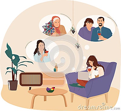 A lonely girl sits in a chair and communicates with relatives. Vector Illustration