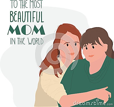 Adult daughter hug her mother. Cute greeting card Vector Illustration