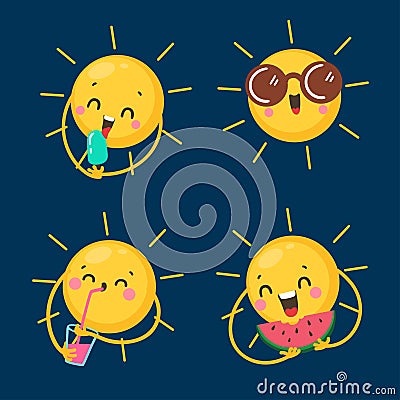 Cute set of SUN icons. Funny happy smiley suns. Vector Illustration