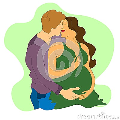 happy husband hugs and kisses his pregnant wife in a green dress. They are expecting a child. Future parents. Stock Photo