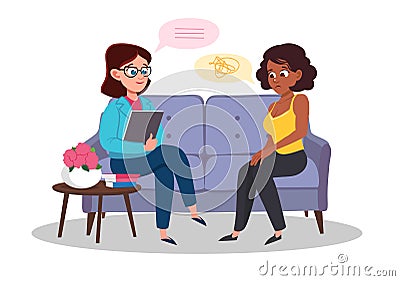 Female patient with psychologist or psychotherapist sitting on sofa Vector Illustration