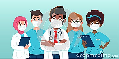 Diverse group of doctors and anesthesiologist, surgeon with face masks. Frontline coronavirus fighters concept. Vector Illustration