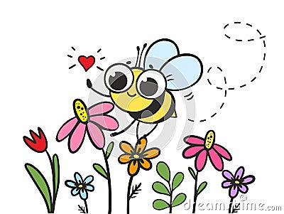 Cartoon bee collects pollen on flowers. Vector Illustration
