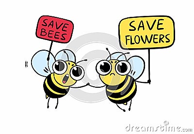 Save the bees - funny bees drawing. Illustration with cute cartoon bees and signboards. Vector Illustration