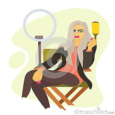 woman is personal stylist, sitting in an armchair and selfie lamp. woman in dark stylish, suit. Consultations Vector Illustration