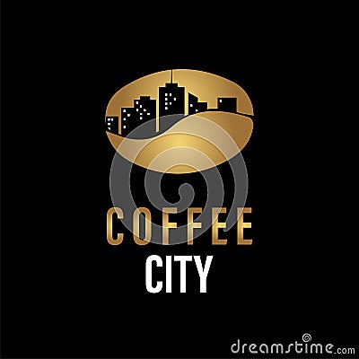 Golden Coffee Bean Design Vector with Urban Building, perfect for Coffee Shop Business logo template. Vector Illustration