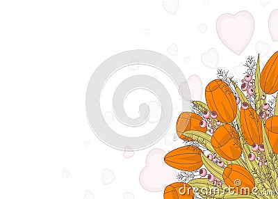 Festive bouquet of tulips with pale hearts in the background. Vector Illustration