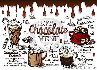 Outline drawing hot chocolate menu with melted chocolate, hot cocoa, marshmallow, whipped cream, candy cane, cinnamon Vector Illustration