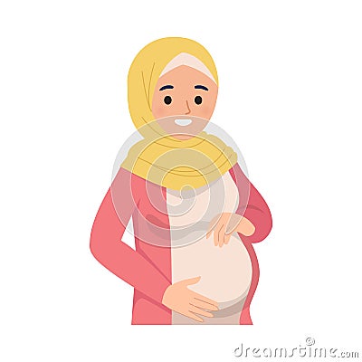 Happy pregnant Muslim woman holding her belly Vector Illustration