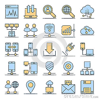 Filled outline icons for networking and communication. Vector Illustration