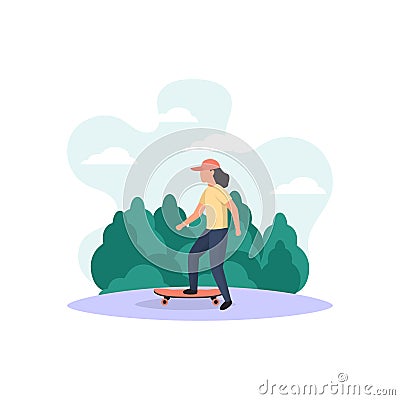 Little asian girl play surf skate board at park Concept Vector Illustration