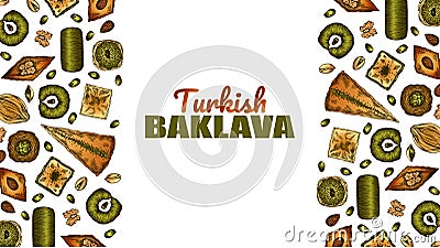 Sketch drawing template of colorful Turkish baklava isolated on white background. Hand drawn poster for oriental sweets packaging. Vector Illustration