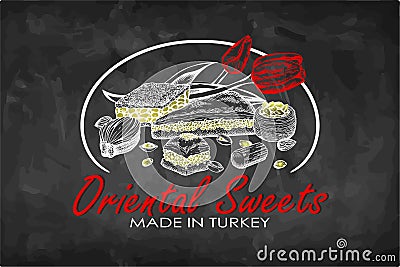 Chalk drawing poster with Oriental sweets and red tulips on blackboard. Turkish baklava template Vector Illustration