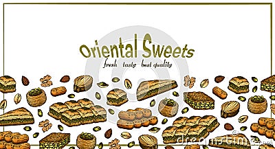 Sketch drawing poster of colorful oriental sweets isolated on white background. Istanbul dessert. Vector Illustration