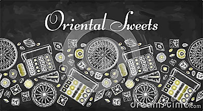 Sketch drawing poster of Oriental Sweets isolated on blackboard. Line art drawn Turkish delight Vector Illustration