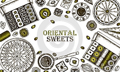 Sketch drawing poster of pistachio Oriental Sweets isolated on white background. Engraved Turkish delight Vector Illustration