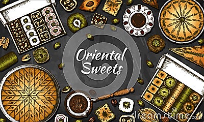 Sketch drawing poster of Oriental Sweets isolated on blackboard Vector Illustration