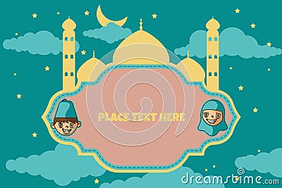 ramadan kids greeting card with cartoon character Vector Illustration