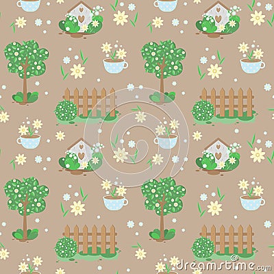 Seamless pattern beige background with tree, bushes, insect house, cup,wild flowers daffodils, chamomile, forget-me-nots and green Vector Illustration