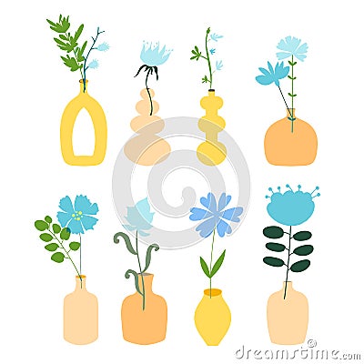 Set of different flowers and plants. Vases and bottles. Floral compositions. Interior decor. Vector design elements. Vector Illustration