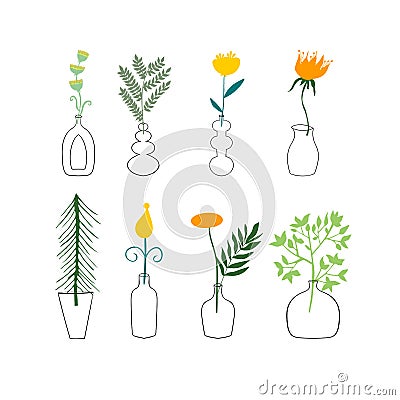 Set of different flowers and plants. Vases and bottles. Floral compositions. Interior decor. Vector design elements. Vector Illustration