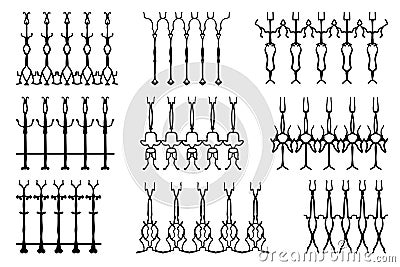 Assorted spooky cemetery fence silhouettes. Scary, haunted and spooky fence elements Vector Illustration