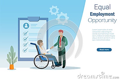 Equal employment opportunity and break the bias concept. Businessman handshake to hiring man on wheelchair to company. Stock Photo