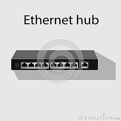 Ethernet hub, active hub with multiport repeater eight ports with one uplink port Stock Photo