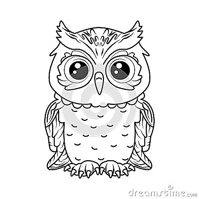 Owl. Coloring Book. Nightbird. Linear, outline cartoon drawing for young children. Vector Illustration