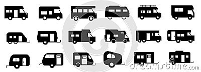 caravan, camper van, and motorhome black icons Vector Illustration