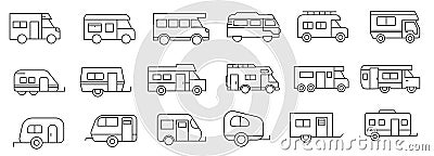 caravan, camper van, and motorhome line icons Vector Illustration