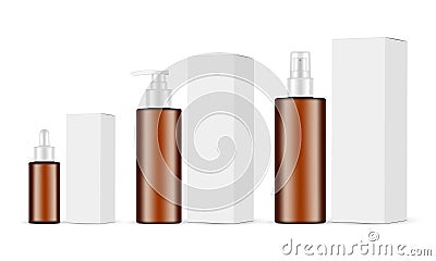 Set of Amber Cosmetic Bottles, Dropper, Spray, Pump, Packaging Boxes Vector Illustration