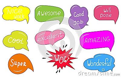 Cartoon colored speech bubble with handwritten short phrases. Vector Illustration