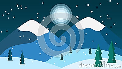 flat design landscape in winter with snow mountain moon trees hills at night Vector Illustration