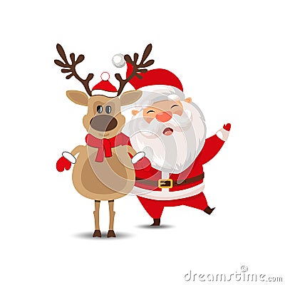 A happy Christmas reindeer and Santa cartoon characters in a winter scene, Vector Illustration