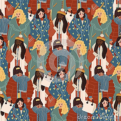 flat vector diverse winter fashion women seamless pattern female cartoon characters diversity repeating background Vector Illustration