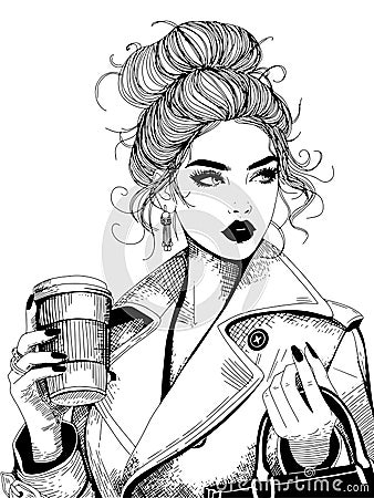 vector fashion woman line art illustration coffee to go cup ink pen drawing, fashion girl illustration hair bun linear hair art Vector Illustration