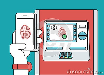 Mobile access to ATM via smartphone using fingerprint identification Vector Illustration