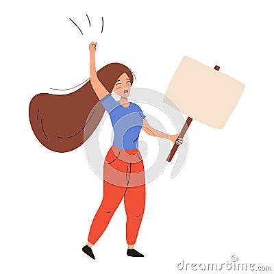 Activist woman shouting and holding placard. Vector Illustration
