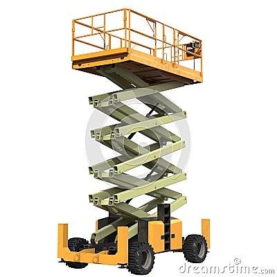 Mobile aerial work platform - Yellow scissor hydraulic self propelled lift on a white. 3D illustration Cartoon Illustration