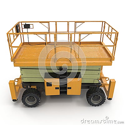 Mobile aerial work platform - Yellow scissor hydraulic self propelled lift on a white. Side view. 3D illustration Cartoon Illustration