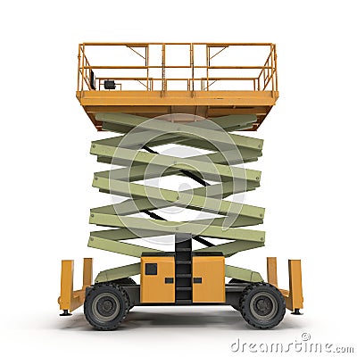 Mobile aerial work platform - Yellow scissor hydraulic self propelled lift on a white. Side view. 3D illustration Cartoon Illustration
