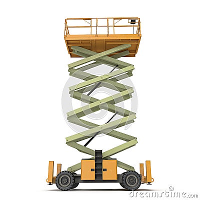 Mobile aerial work platform - Yellow scissor hydraulic self propelled lift on a white. Side view. 3D illustration Cartoon Illustration