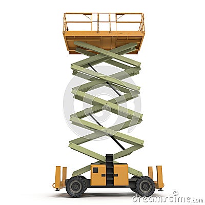 Mobile aerial work platform - Yellow scissor hydraulic self propelled lift on a white. Side view. 3D illustration Cartoon Illustration