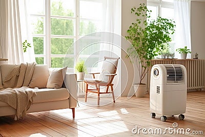 mobile air cooler on wheels or portable air conditioner in modern living room Stock Photo