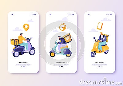 Delivery service order shipping mobile app page onboard screen set. Vector Illustration